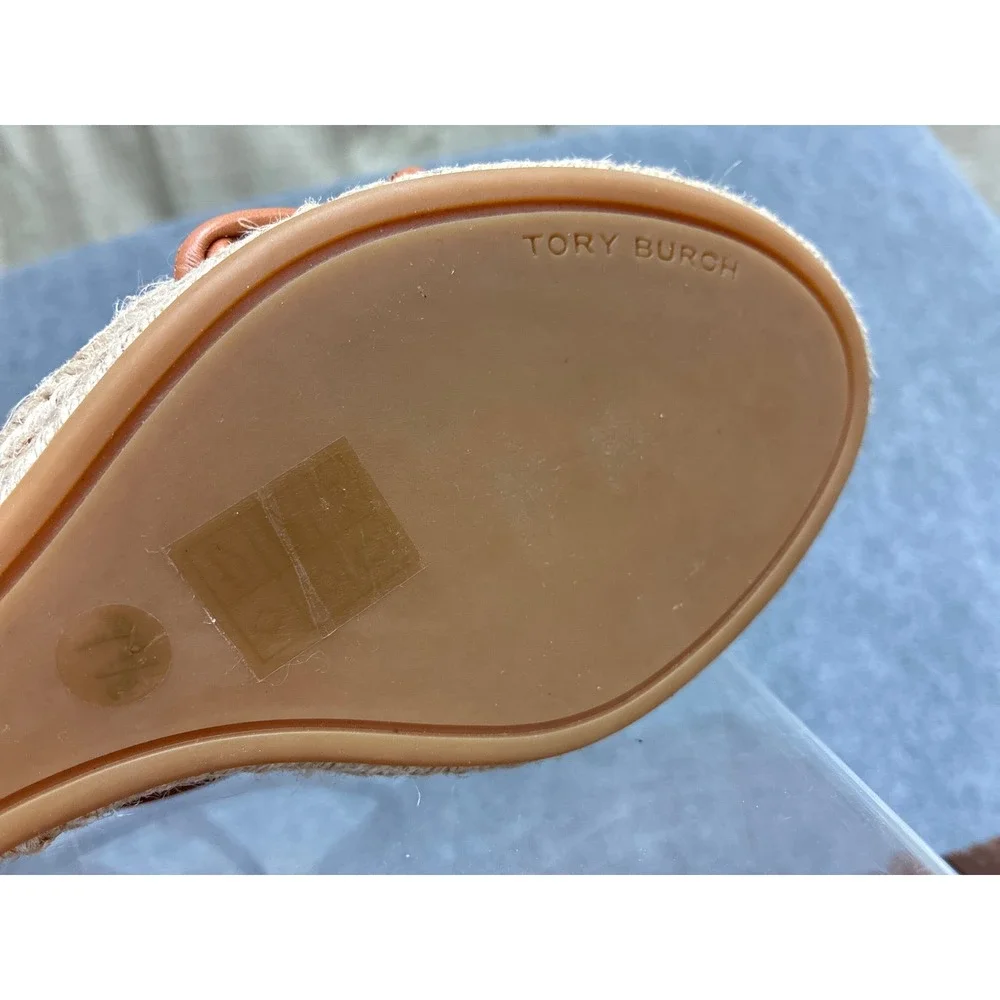 Tory Burch Tan Leather Strappy Espadrille Wedge Sandals Size 7.5 NEW